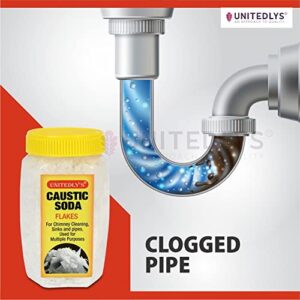 Unitedlys Caustic Soda for Drain Cleaning (New Tough Packaging) – Fast-Acting & Odorless Formula to Clear Blockages Instantly – Unblock Clog Sinks & Pipes with Chimney & Drain Cleaner Flakes – 880 gm