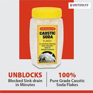 Unitedlys Caustic Soda for Drain Cleaning (New Tough Packaging) – Fast-Acting & Odorless Formula to Clear Blockages Instantly – Unblock Clog Sinks & Pipes with Chimney & Drain Cleaner Flakes – 880 gm