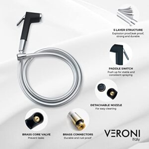 VERONI Italy VHF-01 ABS Health Faucet with 1.2 Meter PVC Smooth Hose and Wall Hook l Anti-Twist, Brass Connectors l Jet Spray for Bathroom (Black & Chrome)